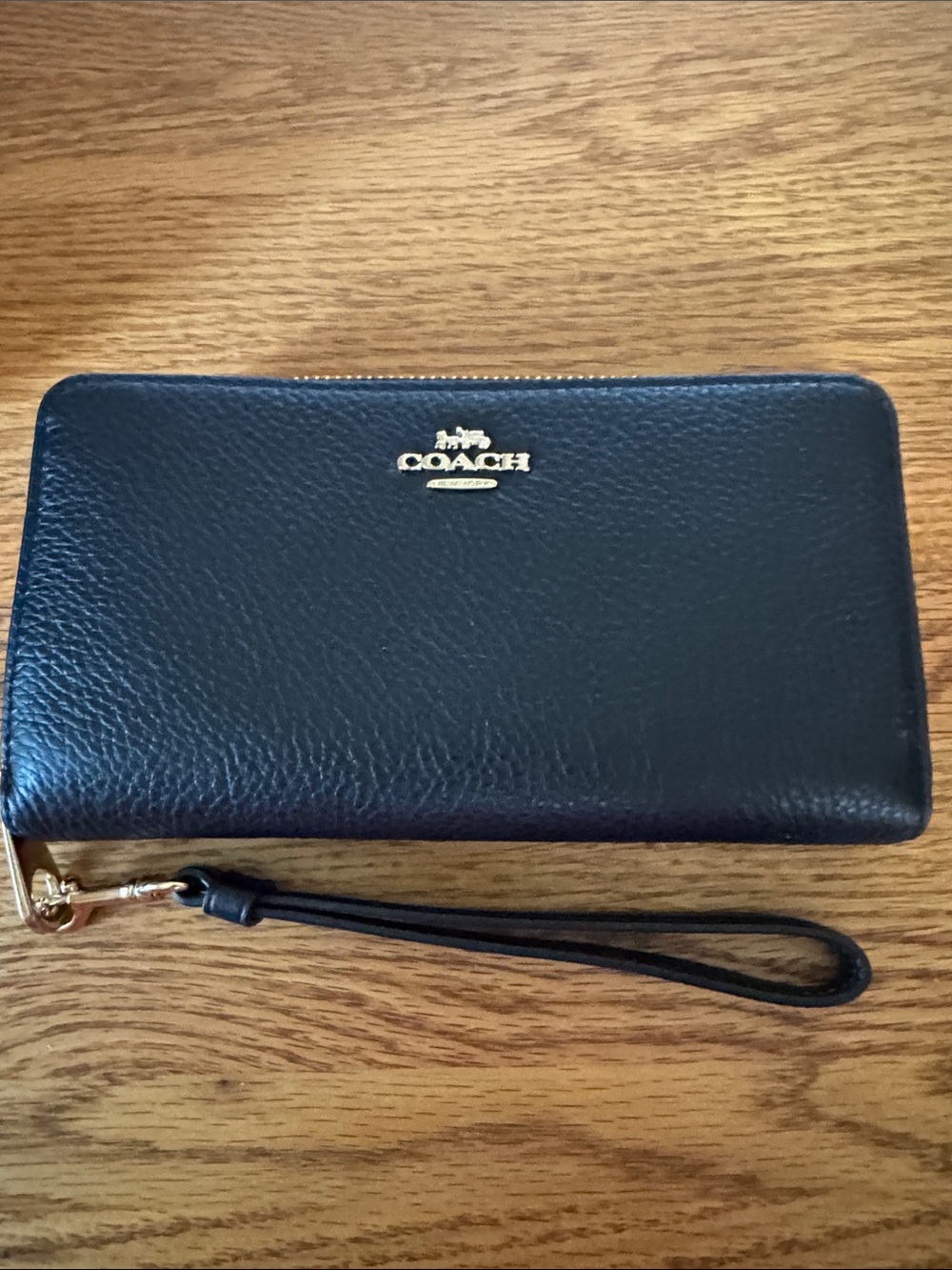 Coach Black Pebble Leather Zip Wallet Wristlet with Gold Logo
